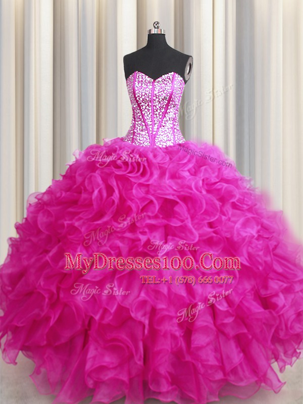 Visible Boning Bling-bling Ball Gowns Sweet 16 Dresses Hot Pink Sweetheart Organza Sleeveless Floor Length Lace Up