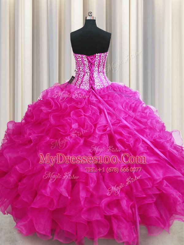Visible Boning Bling-bling Ball Gowns Sweet 16 Dresses Hot Pink Sweetheart Organza Sleeveless Floor Length Lace Up