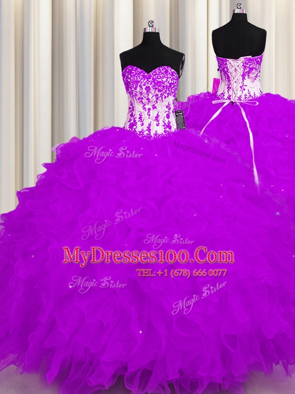 Artistic Purple Lace Up Sweetheart Appliques and Ruffles 15th Birthday Dress Organza Sleeveless