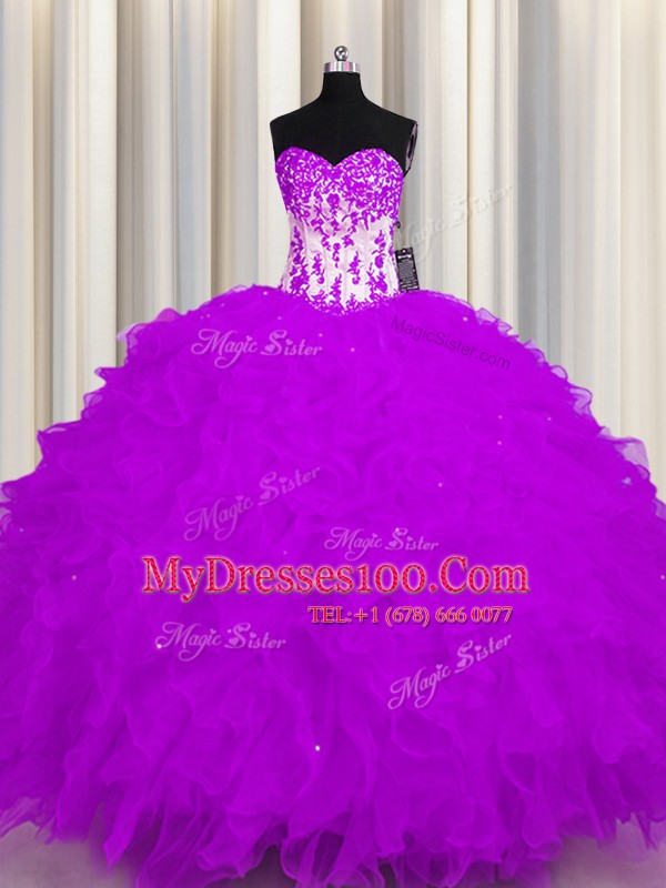 Artistic Purple Lace Up Sweetheart Appliques and Ruffles 15th Birthday Dress Organza Sleeveless