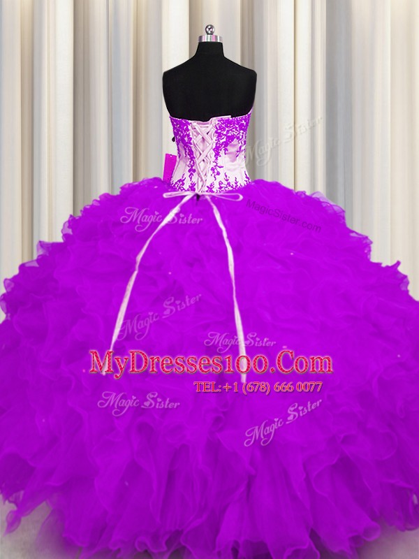 Artistic Purple Lace Up Sweetheart Appliques and Ruffles 15th Birthday Dress Organza Sleeveless