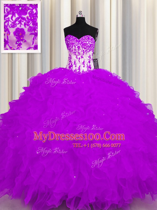 Artistic Purple Lace Up Sweetheart Appliques and Ruffles 15th Birthday Dress Organza Sleeveless