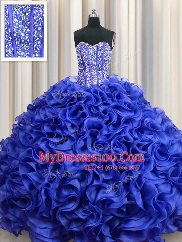 Visible Boning Floor Length Royal Blue Quinceanera Dresses Organza Sleeveless Beading and Ruffles