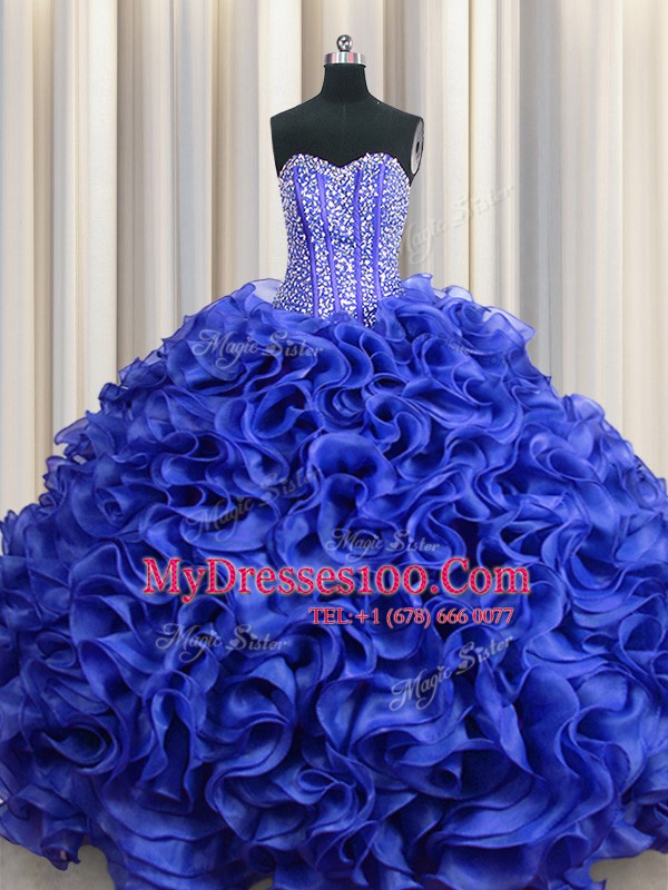 Visible Boning Floor Length Royal Blue Quinceanera Dresses Organza Sleeveless Beading and Ruffles