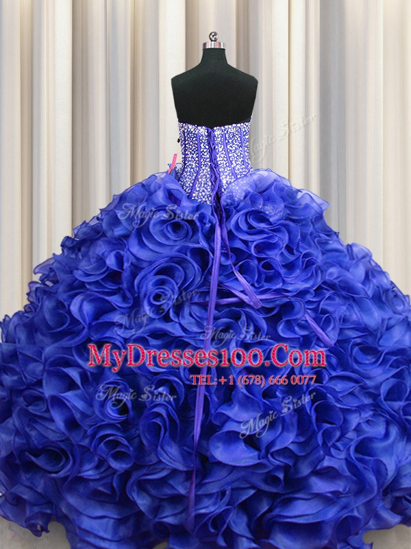 Visible Boning Floor Length Royal Blue Quinceanera Dresses Organza Sleeveless Beading and Ruffles
