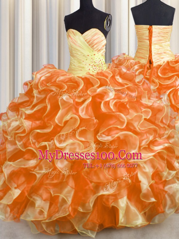 High End Beading and Ruffles Quinceanera Gown Multi-color Lace Up Sleeveless Floor Length