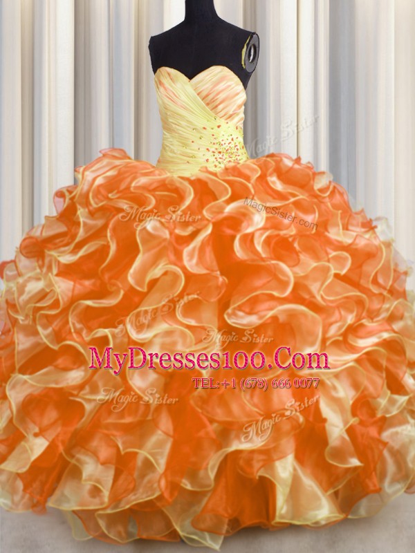 High End Beading and Ruffles Quinceanera Gown Multi-color Lace Up Sleeveless Floor Length