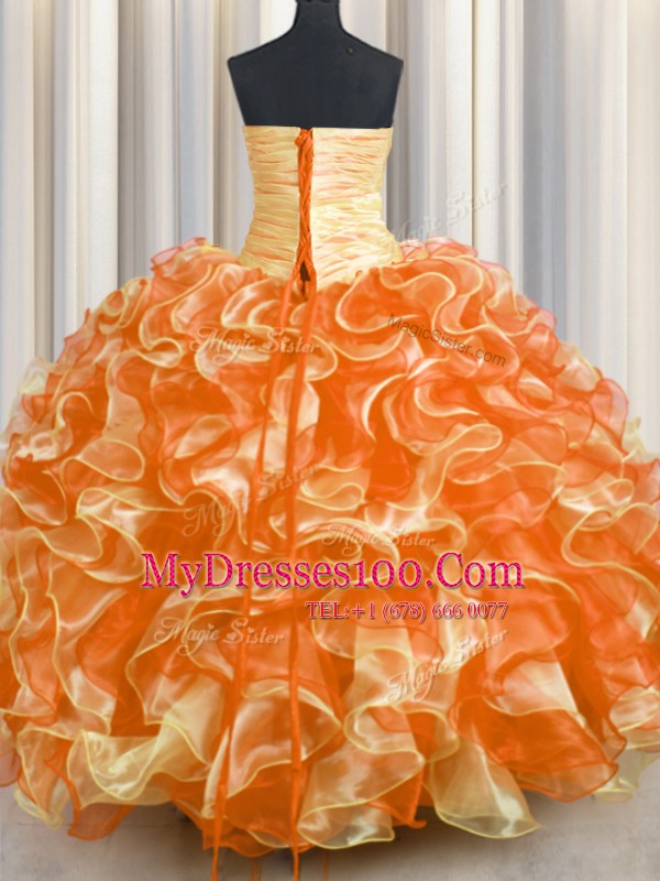 High End Beading and Ruffles Quinceanera Gown Multi-color Lace Up Sleeveless Floor Length