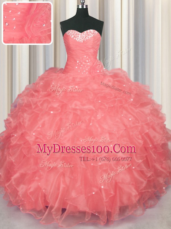 Wonderful Watermelon Red Sweetheart Lace Up Beading and Ruffles Quince Ball Gowns Sleeveless