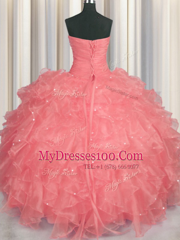 Wonderful Watermelon Red Sweetheart Lace Up Beading and Ruffles Quince Ball Gowns Sleeveless