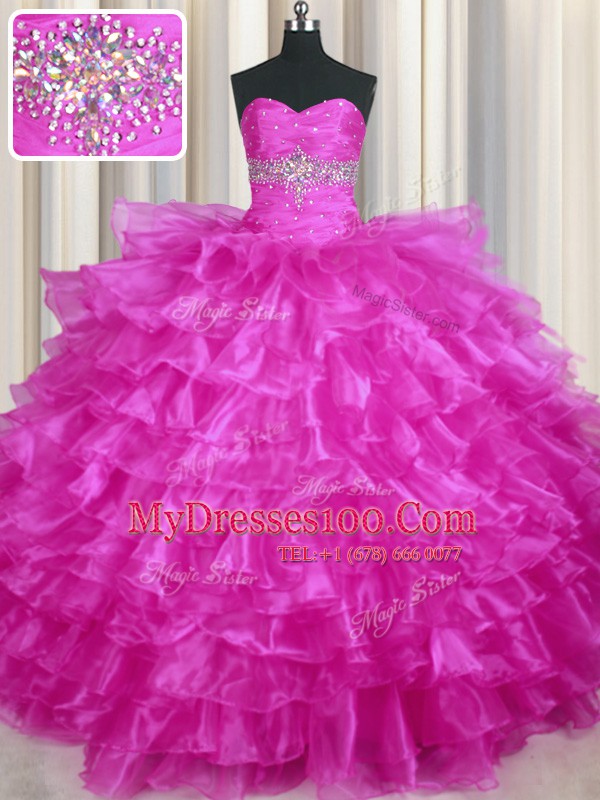 Fine Fuchsia Lace Up Sweetheart Beading and Ruffled Layers Sweet 16 Quinceanera Dress Organza Sleeveless