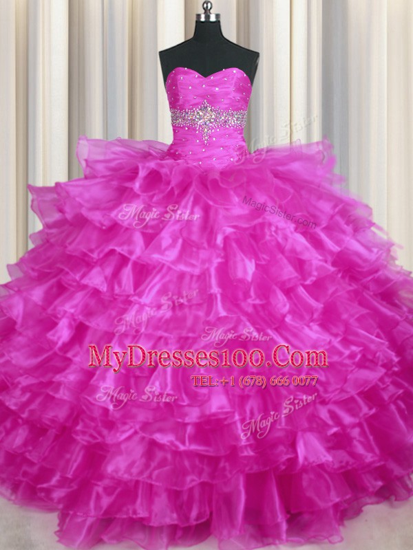 Fine Fuchsia Lace Up Sweetheart Beading and Ruffled Layers Sweet 16 Quinceanera Dress Organza Sleeveless