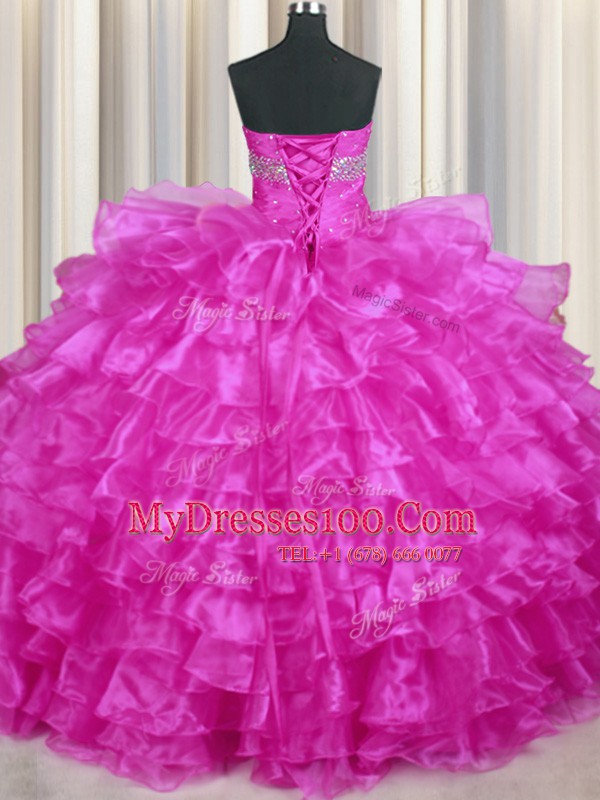 Fine Fuchsia Lace Up Sweetheart Beading and Ruffled Layers Sweet 16 Quinceanera Dress Organza Sleeveless