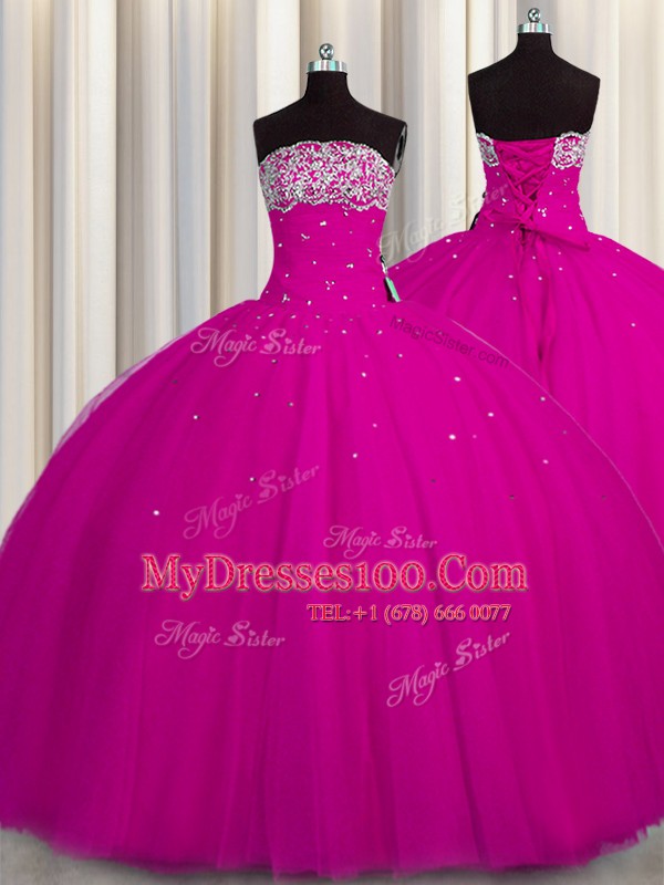Puffy Skirt Fuchsia Ball Gowns Beading and Sequins Quinceanera Gowns Lace Up Tulle Sleeveless Floor Length