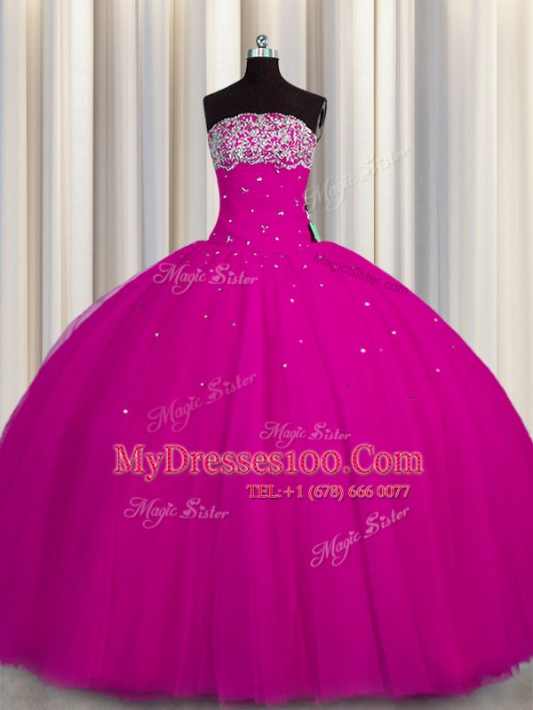 Puffy Skirt Fuchsia Ball Gowns Beading and Sequins Quinceanera Gowns Lace Up Tulle Sleeveless Floor Length