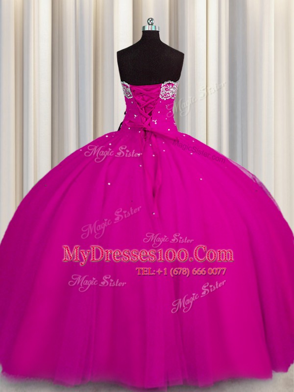 Puffy Skirt Fuchsia Ball Gowns Beading and Sequins Quinceanera Gowns Lace Up Tulle Sleeveless Floor Length
