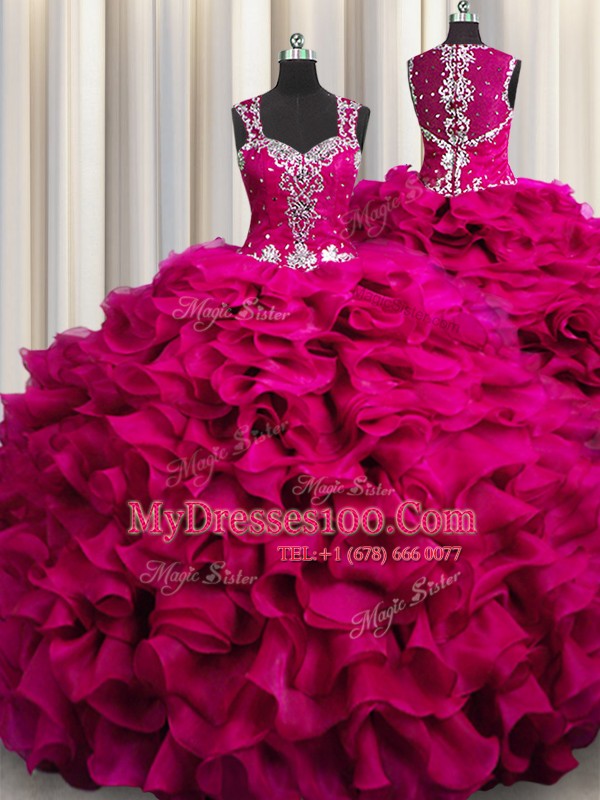 Gorgeous Zipple Up See Through Back Sleeveless Zipper Floor Length Beading and Ruffles Quinceanera Dresses