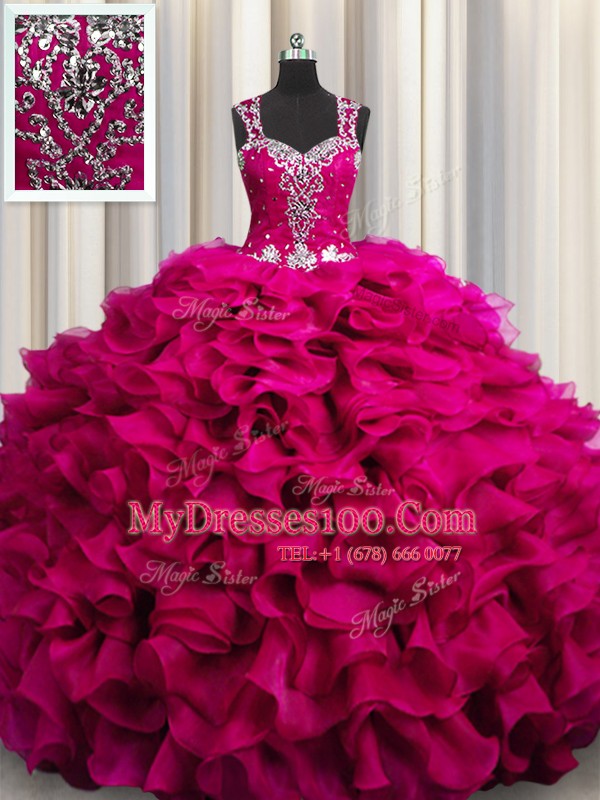 Gorgeous Zipple Up See Through Back Sleeveless Zipper Floor Length Beading and Ruffles Quinceanera Dresses