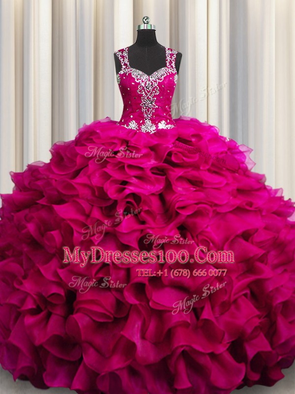 Gorgeous Zipple Up See Through Back Sleeveless Zipper Floor Length Beading and Ruffles Quinceanera Dresses
