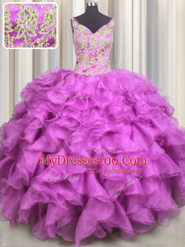 Fuchsia Organza Lace Up V-neck Sleeveless Floor Length 15th Birthday Dress Beading and Ruffles
