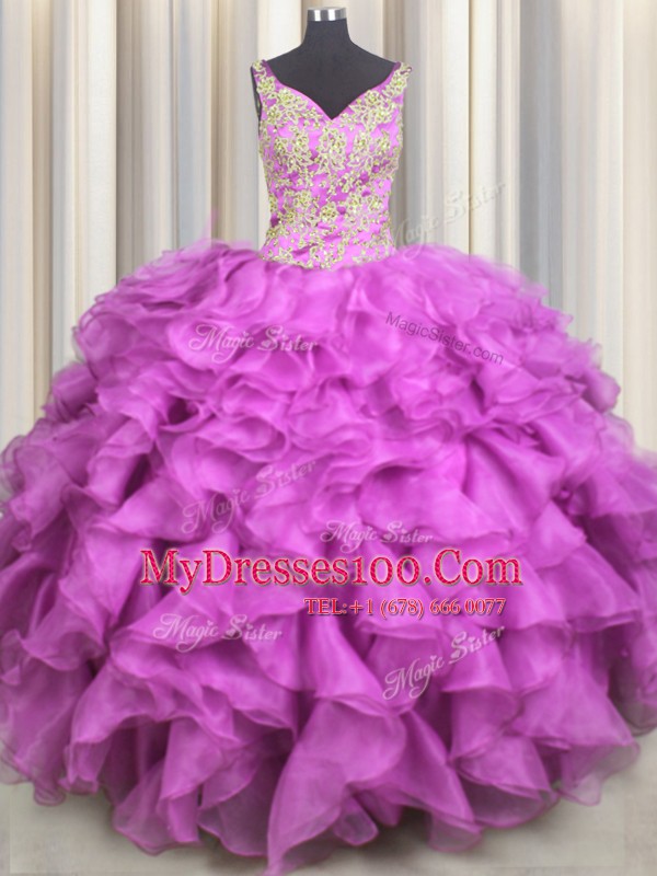 Fuchsia Organza Lace Up V-neck Sleeveless Floor Length 15th Birthday Dress Beading and Ruffles