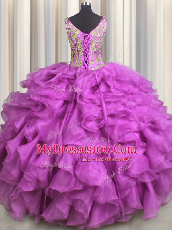 Fuchsia Organza Lace Up V-neck Sleeveless Floor Length 15th Birthday Dress Beading and Ruffles