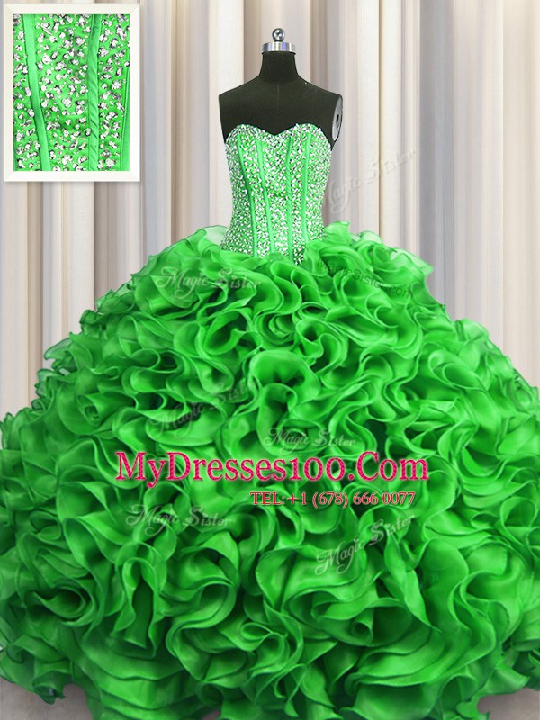 Visible Boning Sweetheart Sleeveless Organza Sweet 16 Quinceanera Dress Beading and Ruffles Lace Up