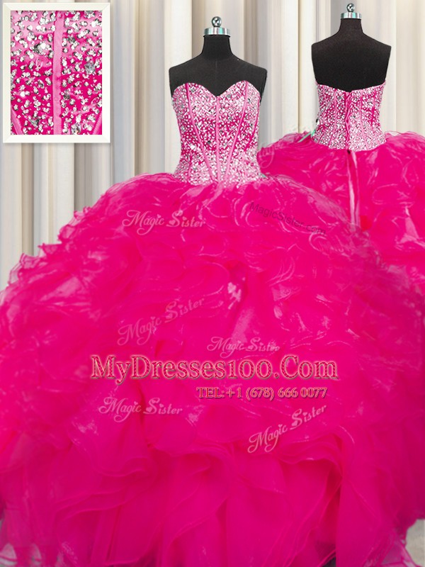 Fine Visible Boning Beaded Bodice Floor Length Hot Pink Quince Ball Gowns Organza Sleeveless Beading and Ruffles