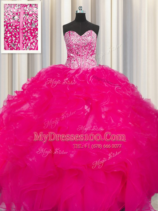 Fine Visible Boning Beaded Bodice Floor Length Hot Pink Quince Ball Gowns Organza Sleeveless Beading and Ruffles
