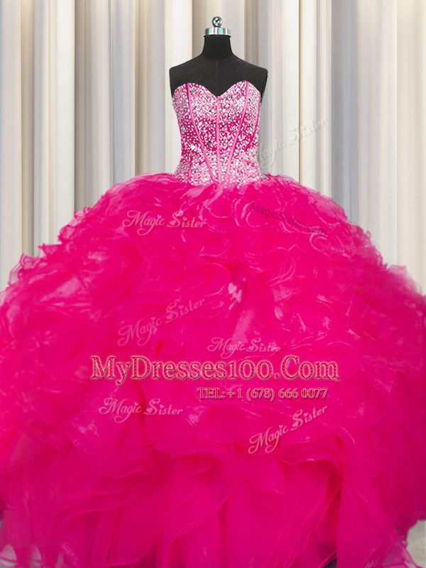 Fine Visible Boning Beaded Bodice Floor Length Hot Pink Quince Ball Gowns Organza Sleeveless Beading and Ruffles