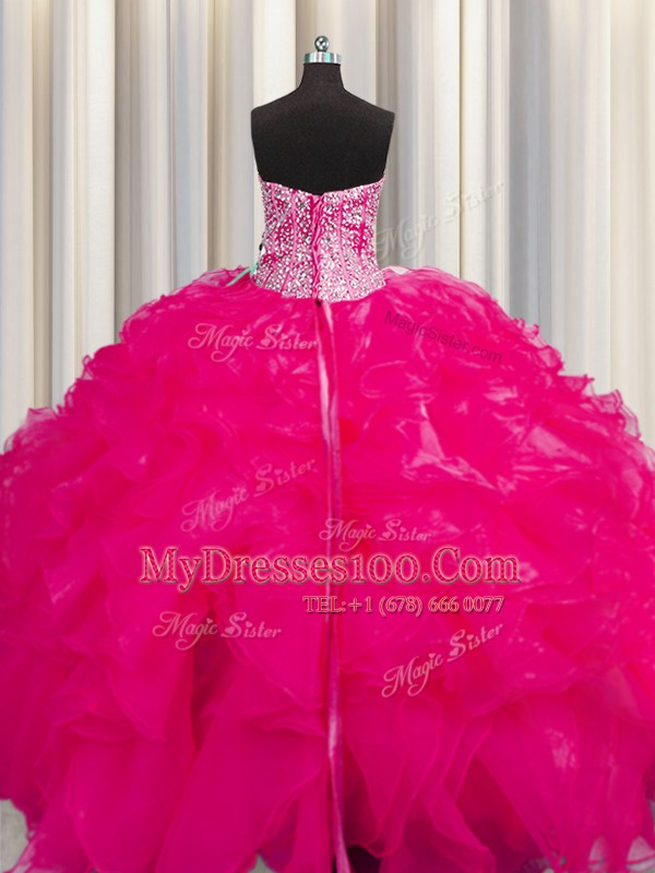 Fine Visible Boning Beaded Bodice Floor Length Hot Pink Quince Ball Gowns Organza Sleeveless Beading and Ruffles