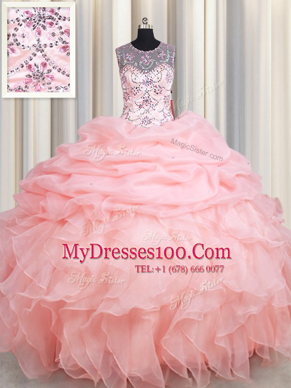 Latest See Through Floor Length Baby Pink Quinceanera Dress Scoop Sleeveless Lace Up