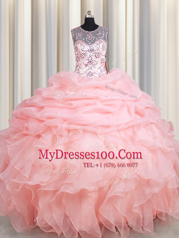 Latest See Through Floor Length Baby Pink Quinceanera Dress Scoop Sleeveless Lace Up