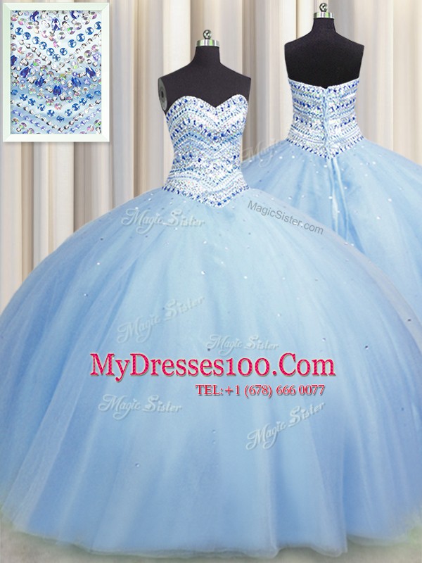 Bling-bling Big Puffy Light Blue 15 Quinceanera Dress Military Ball and Sweet 16 and Quinceanera and For with Beading Sweetheart Sleeveless Lace Up