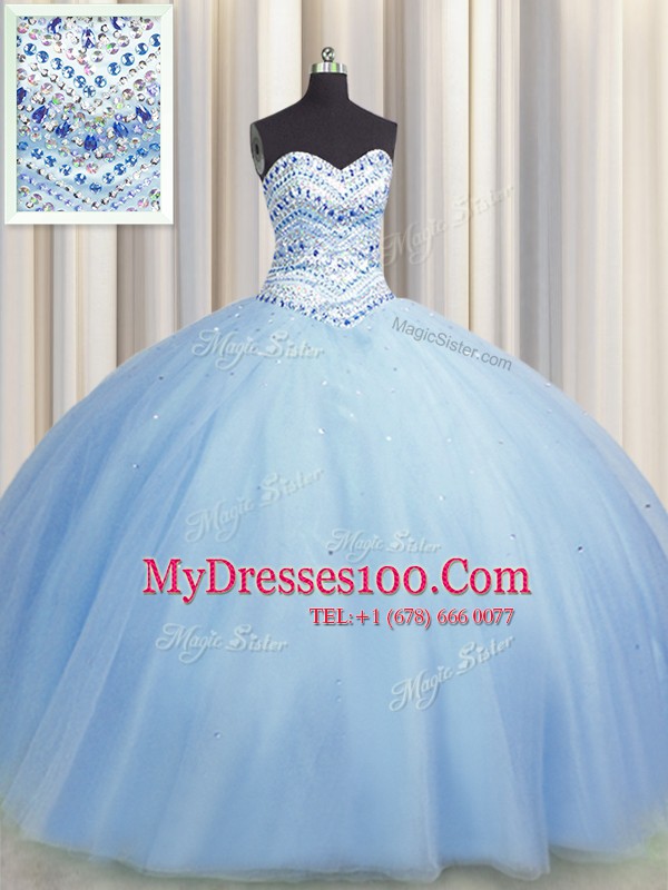 Bling-bling Big Puffy Light Blue 15 Quinceanera Dress Military Ball and Sweet 16 and Quinceanera and For with Beading Sweetheart Sleeveless Lace Up