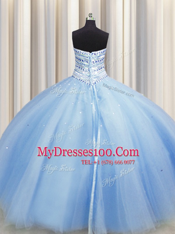 Bling-bling Big Puffy Light Blue 15 Quinceanera Dress Military Ball and Sweet 16 and Quinceanera and For with Beading Sweetheart Sleeveless Lace Up