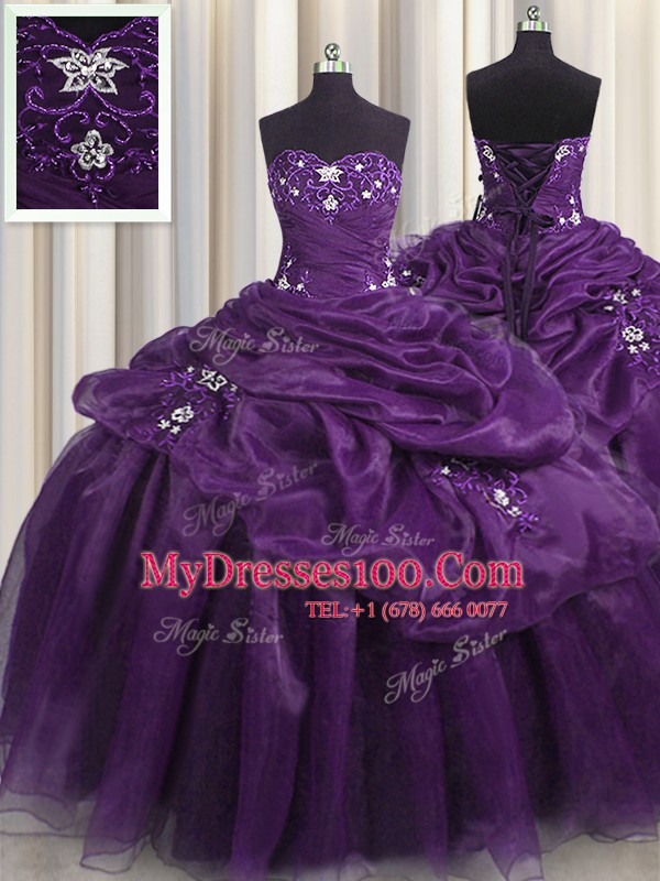 Stylish Purple Sleeveless Floor Length Beading and Appliques and Ruffles Lace Up Sweet 16 Dresses