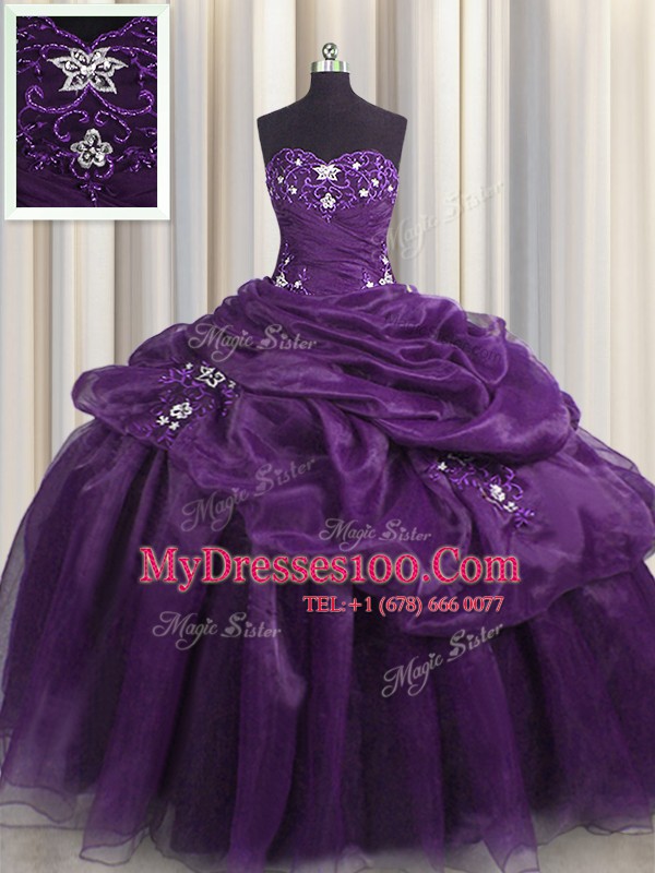 Stylish Purple Sleeveless Floor Length Beading and Appliques and Ruffles Lace Up Sweet 16 Dresses