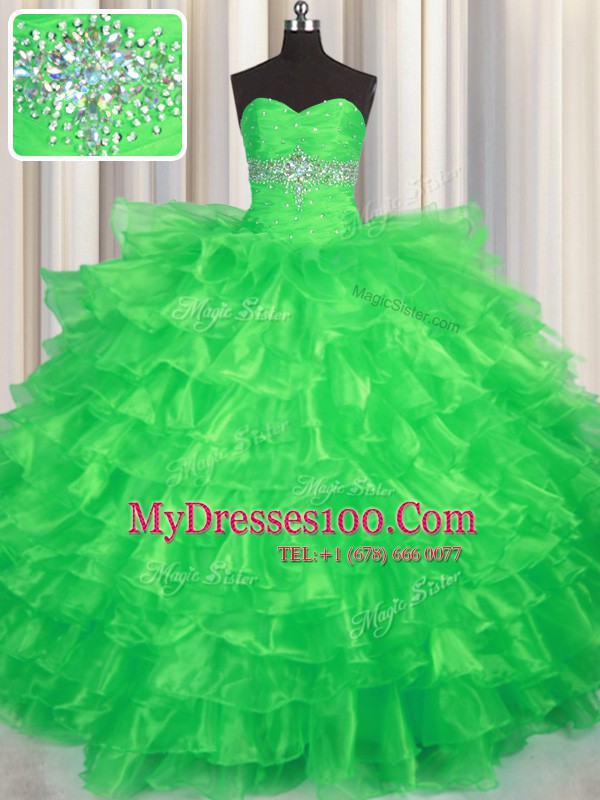 Green Ball Gowns Organza Sweetheart Sleeveless Beading and Ruffled Layers Floor Length Lace Up 15 Quinceanera Dress