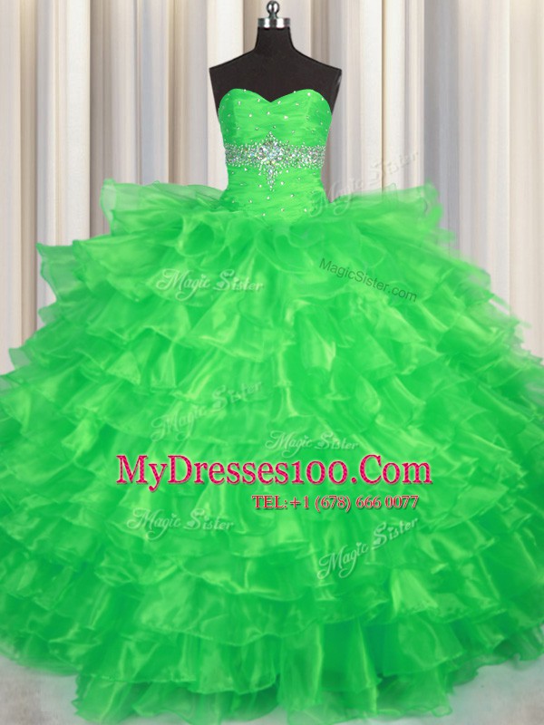 Green Ball Gowns Organza Sweetheart Sleeveless Beading and Ruffled Layers Floor Length Lace Up 15 Quinceanera Dress