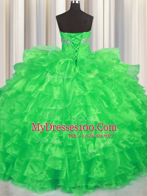 Green Ball Gowns Organza Sweetheart Sleeveless Beading and Ruffled Layers Floor Length Lace Up 15 Quinceanera Dress