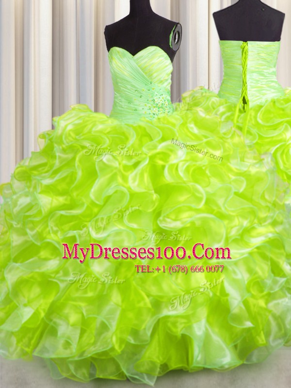 Floor Length Lace Up Quinceanera Gowns Yellow Green for Military Ball and Sweet 16 and Quinceanera with Beading and Ruffles