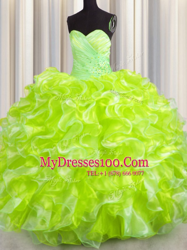 Floor Length Lace Up Quinceanera Gowns Yellow Green for Military Ball and Sweet 16 and Quinceanera with Beading and Ruffles