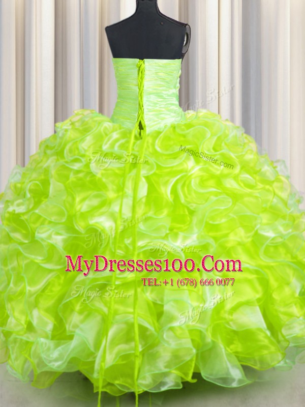 Floor Length Lace Up Quinceanera Gowns Yellow Green for Military Ball and Sweet 16 and Quinceanera with Beading and Ruffles