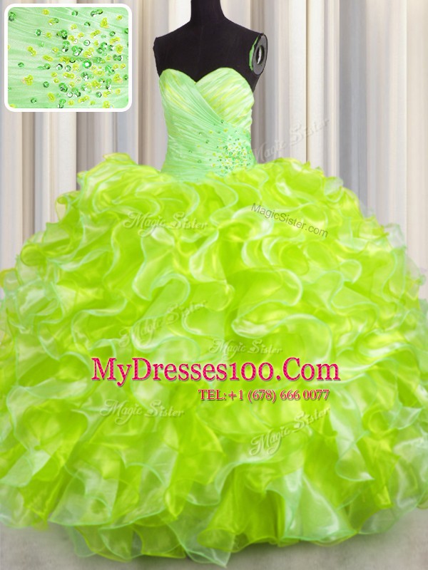 Floor Length Lace Up Quinceanera Gowns Yellow Green for Military Ball and Sweet 16 and Quinceanera with Beading and Ruffles