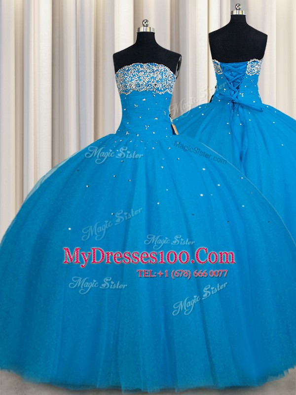 Amazing Really Puffy Teal Quinceanera Gowns Military Ball and Sweet 16 and Quinceanera and For with Beading and Sequins Strapless Sleeveless Lace Up