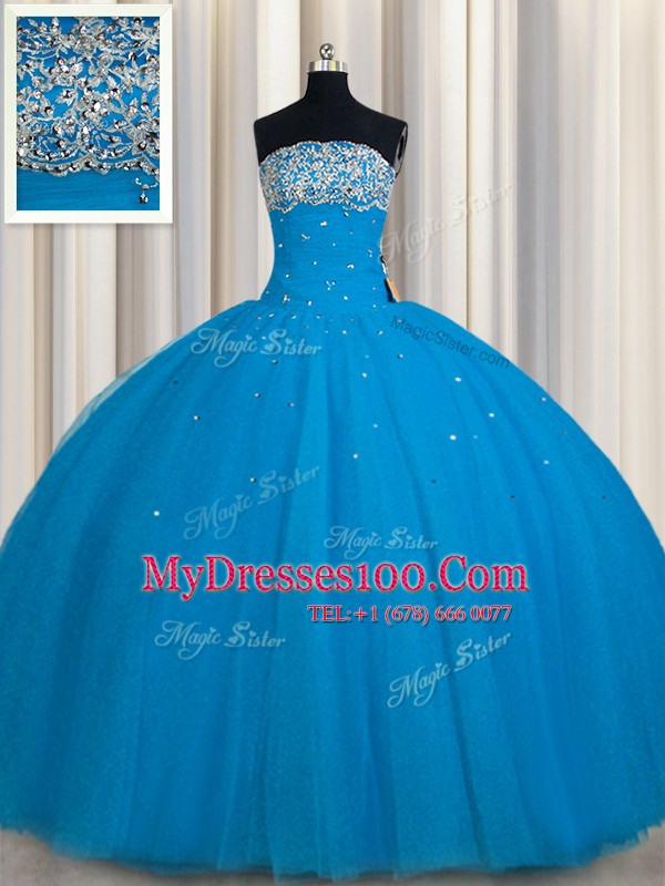 Amazing Really Puffy Teal Quinceanera Gowns Military Ball and Sweet 16 and Quinceanera and For with Beading and Sequins Strapless Sleeveless Lace Up