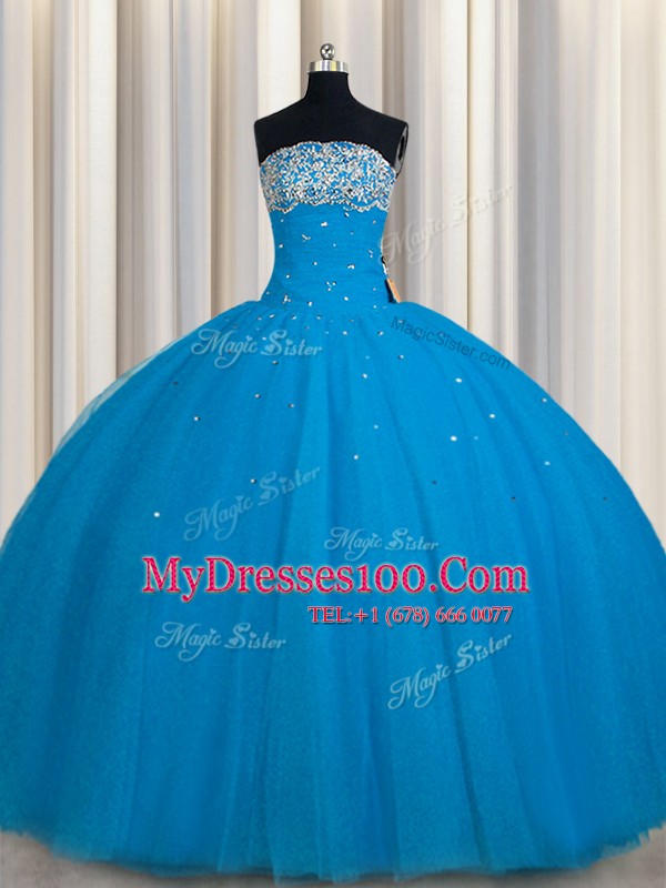 Amazing Really Puffy Teal Quinceanera Gowns Military Ball and Sweet 16 and Quinceanera and For with Beading and Sequins Strapless Sleeveless Lace Up