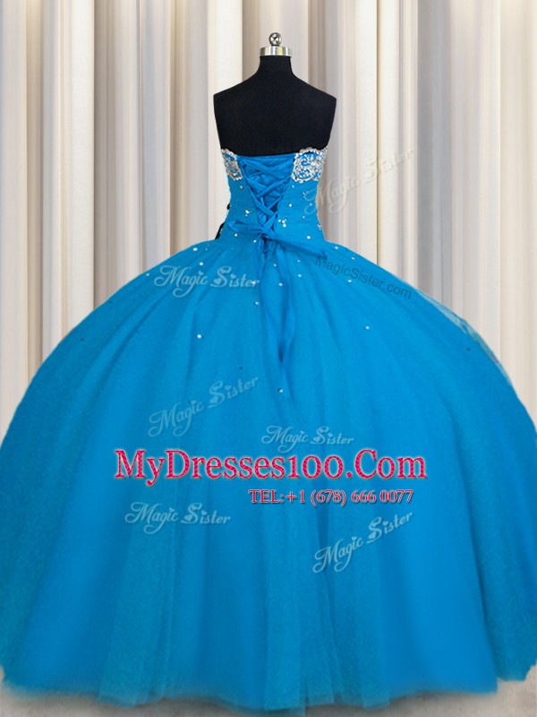 Amazing Really Puffy Teal Quinceanera Gowns Military Ball and Sweet 16 and Quinceanera and For with Beading and Sequins Strapless Sleeveless Lace Up