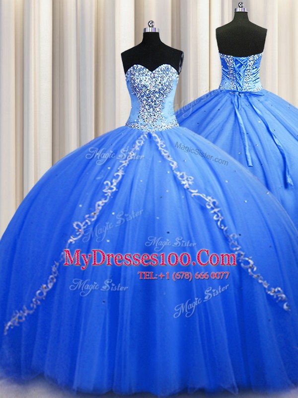 Blue Sleeveless Tulle Brush Train Lace Up Vestidos de Quinceanera for Military Ball and Sweet 16 and Quinceanera
